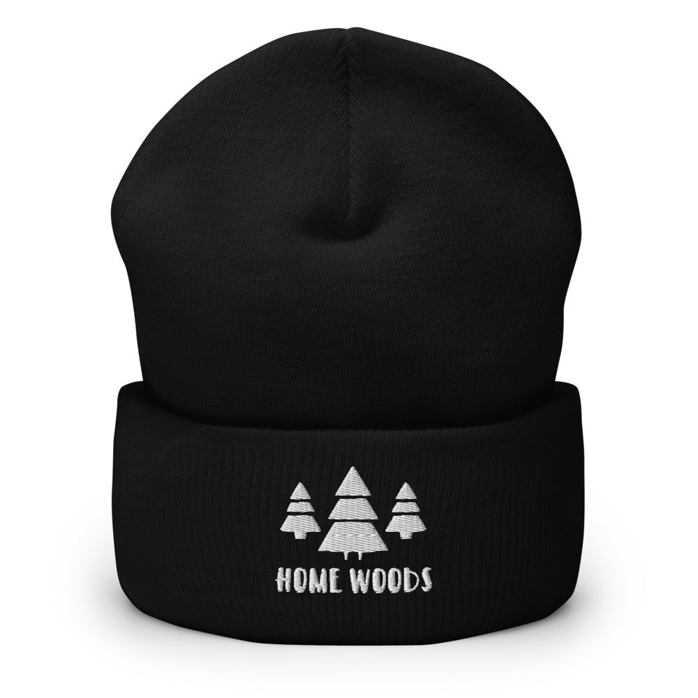 Homewoods Strickmütze Schwarz mit gesticktem Motiv Tannen und HOMEWOODS-Schriftzug