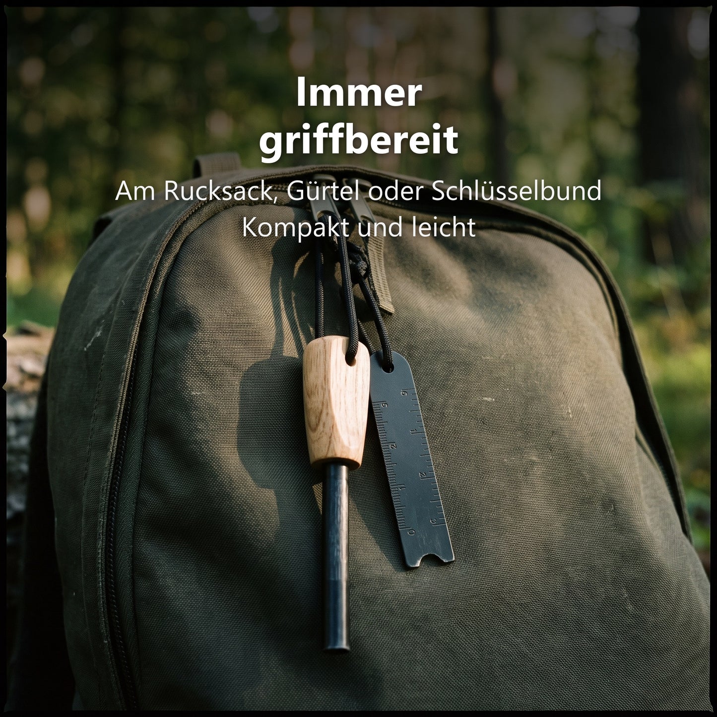 Feuerstahl am Rucksack getragen