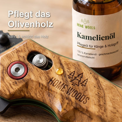 Kamelienöl pflegt den Olivenholzgriff des Messers