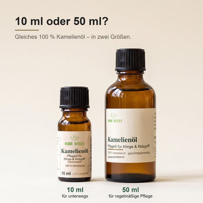 Größenvergleich Homewoods Kamelienöl 10 ml und 50 ml