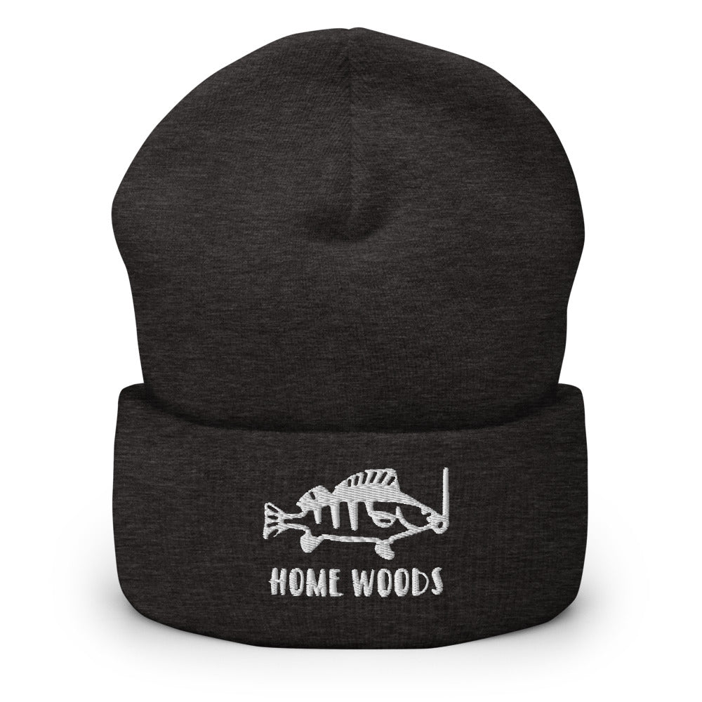 Homewoods Strickmütze Grau mit gesticktem Motiv Fisch am Haken und HOMEWOODS-Schriftzug