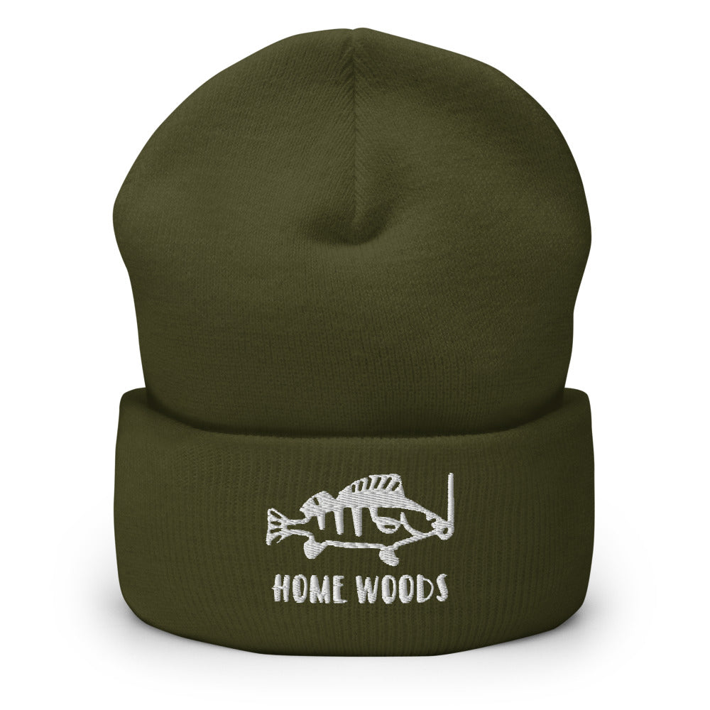 Homewoods Strickmütze Oliv mit gesticktem Motiv Fisch am Haken und HOMEWOODS-Schriftzug