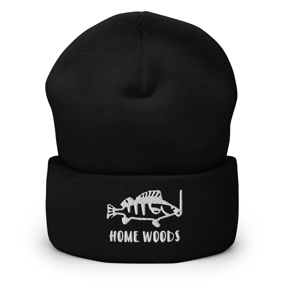 Homewoods Strickmütze Schwarz mit gesticktem Motiv Fisch am Haken und HOMEWOODS-Schriftzug