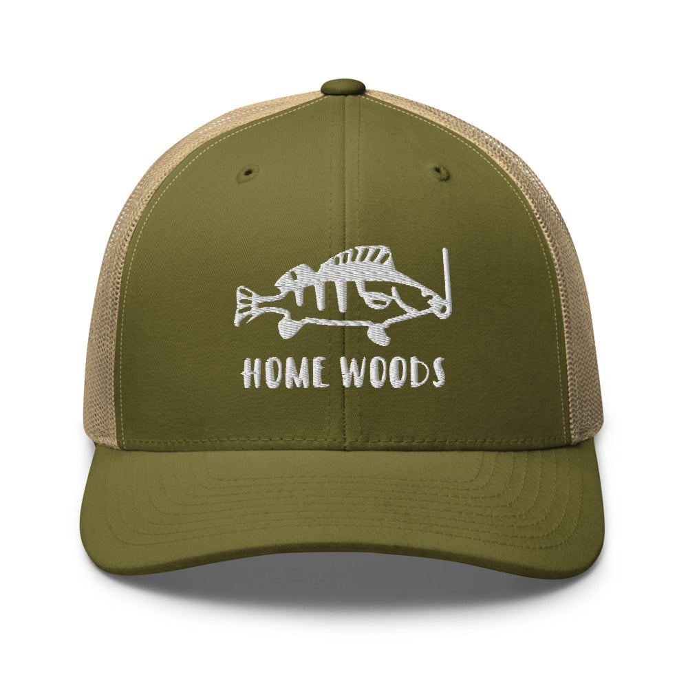 Homewoods Trucker-Cap Oliv mit gesticktem Motiv Fisch am Haken und HOMEWOODS-Schriftzug