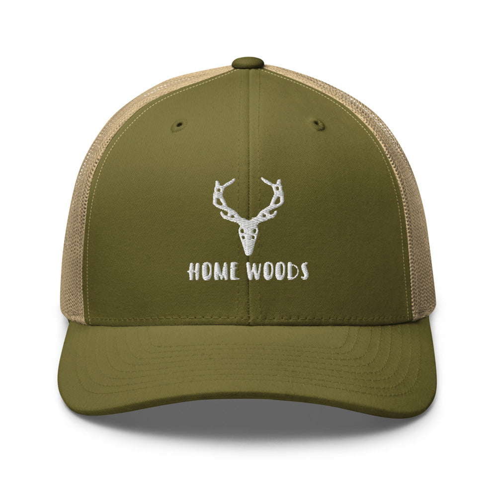 Homewoods Trucker-Cap Oliv mit gesticktem Motiv Hirsch-Schädel und HOMEWOODS-Schriftzug