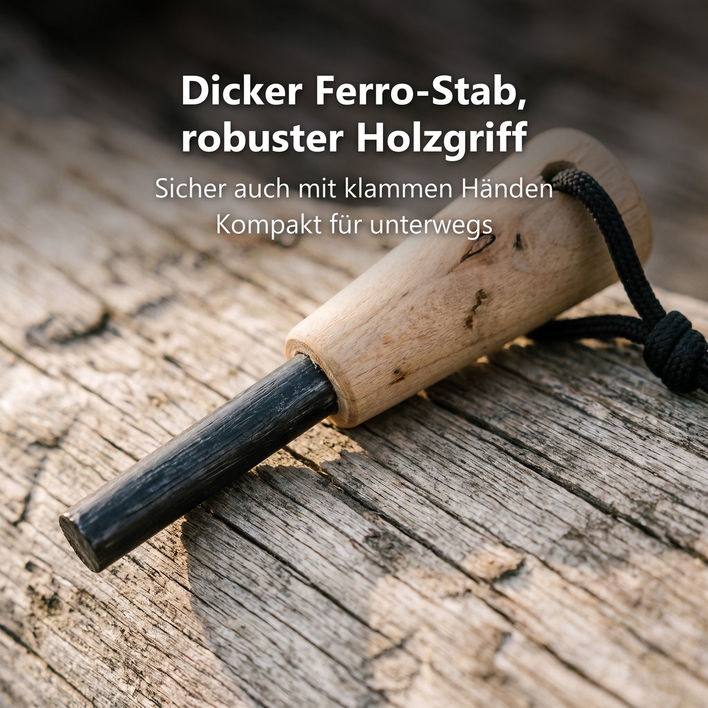 Dicker Ferrocerium-Stab mit Holzgriff im Detail