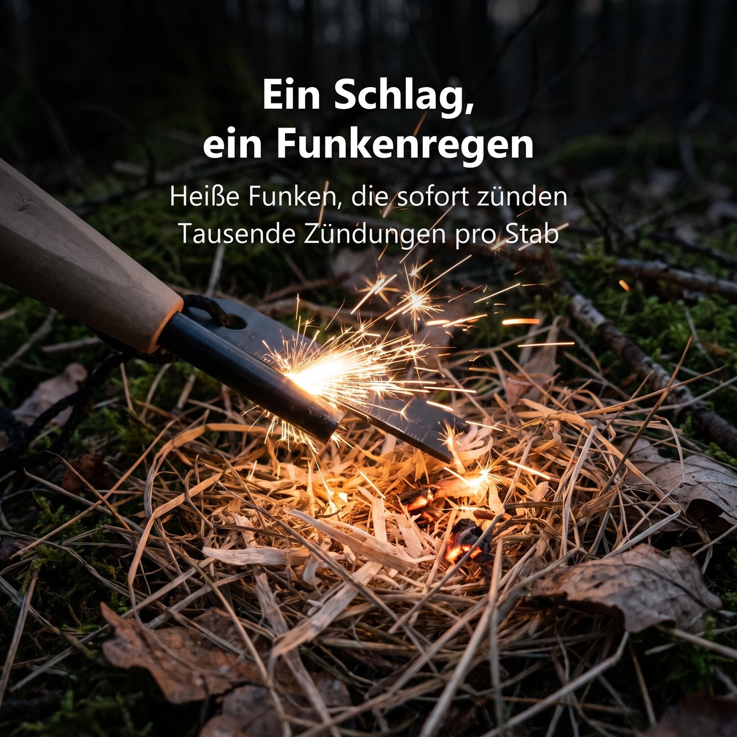Feuerstahl schlägt heiße Funken auf Zunder