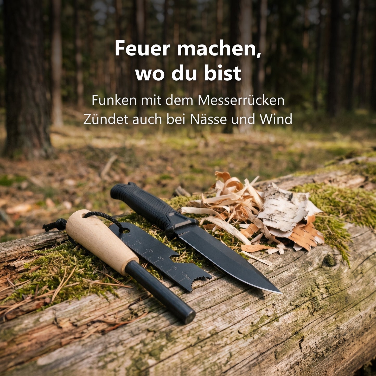 Feuerstahl und Outdoormesser auf einem Baumstamm