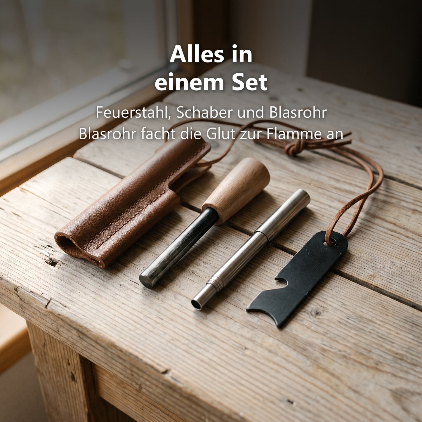 Feuerstahl, Schaber, Blasrohr und Lederhülle auf Holz