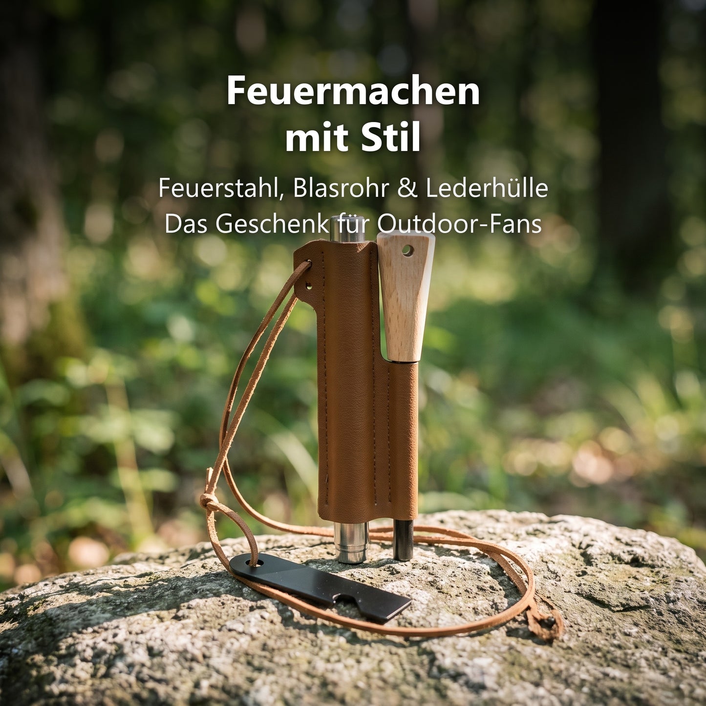 Feuerstahl-Set auf einem Felsen im Wald