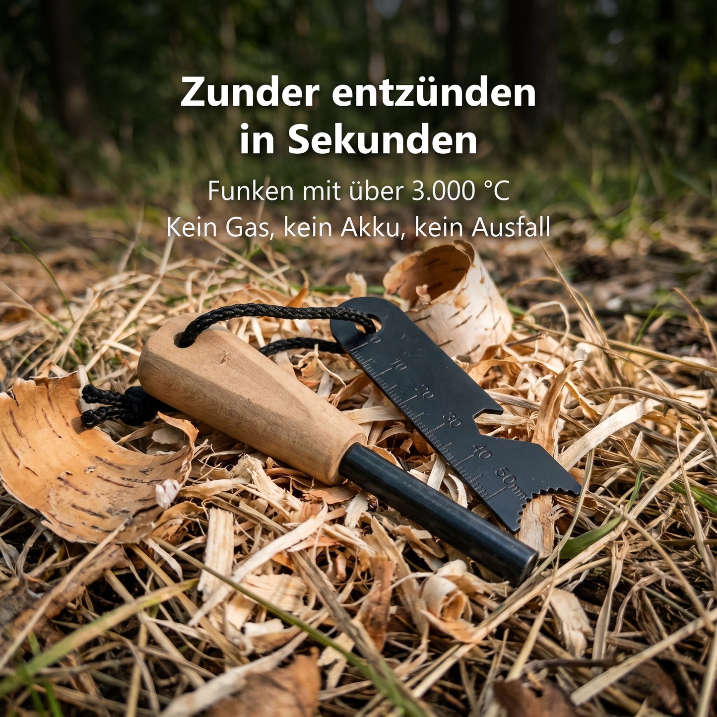Feuerstahl entzündet Zunder im Wald
