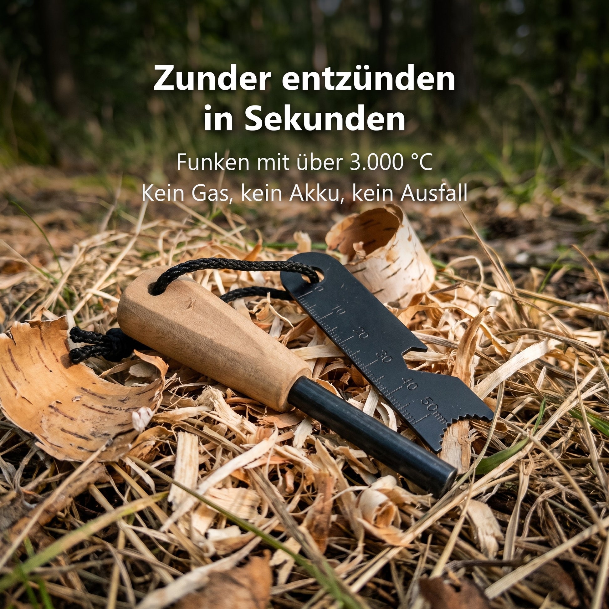 Feuerstahl entzündet Zunder im Wald