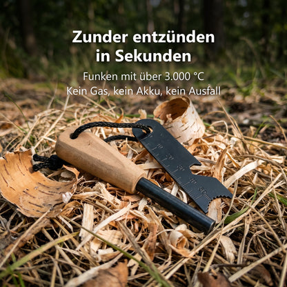 Feuerstahl entzündet Zunder im Wald