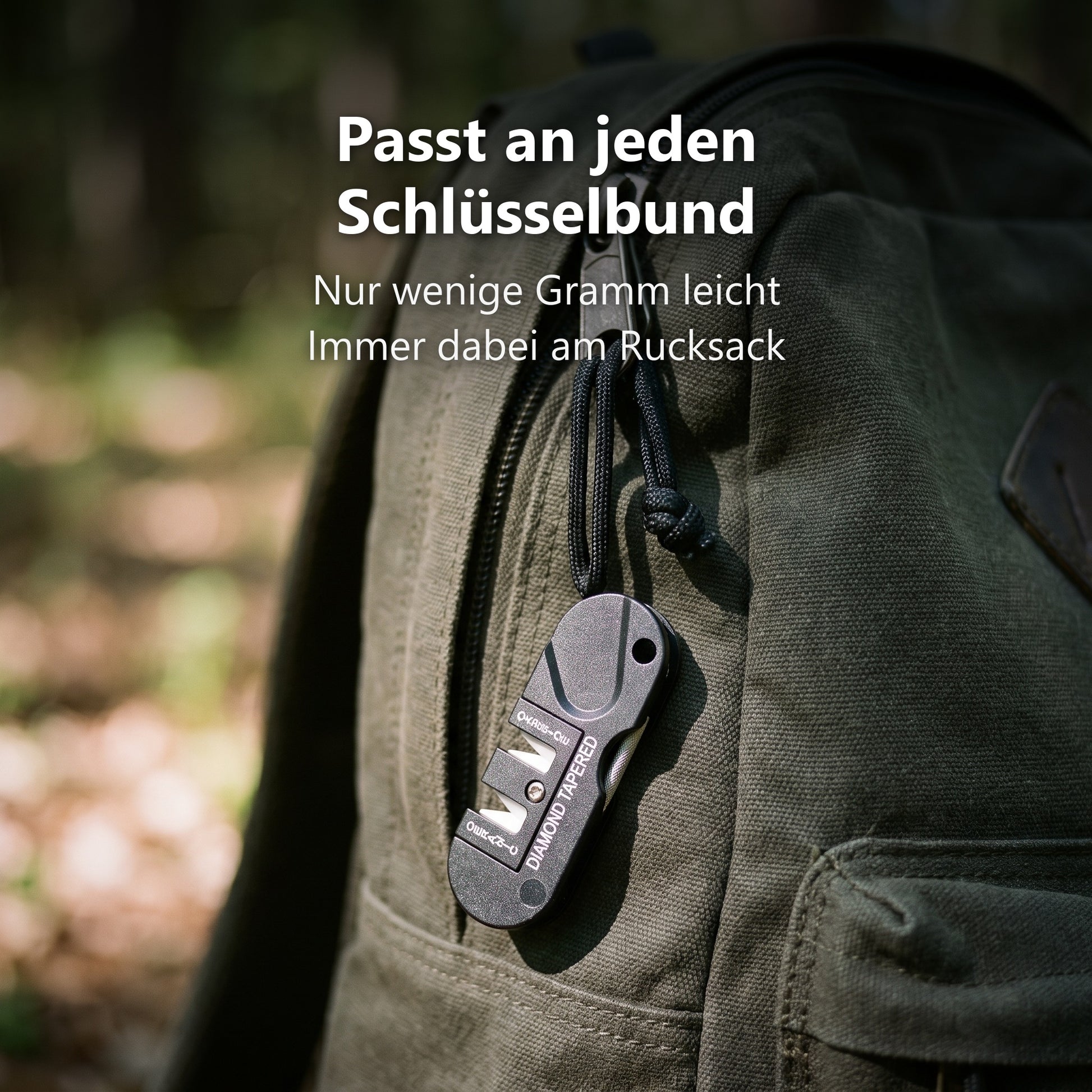 Taschenschärfer am Rucksack getragen