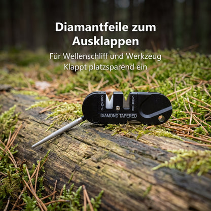 Taschenschärfer mit ausgeklappter Diamant-Rundfeile im Wald