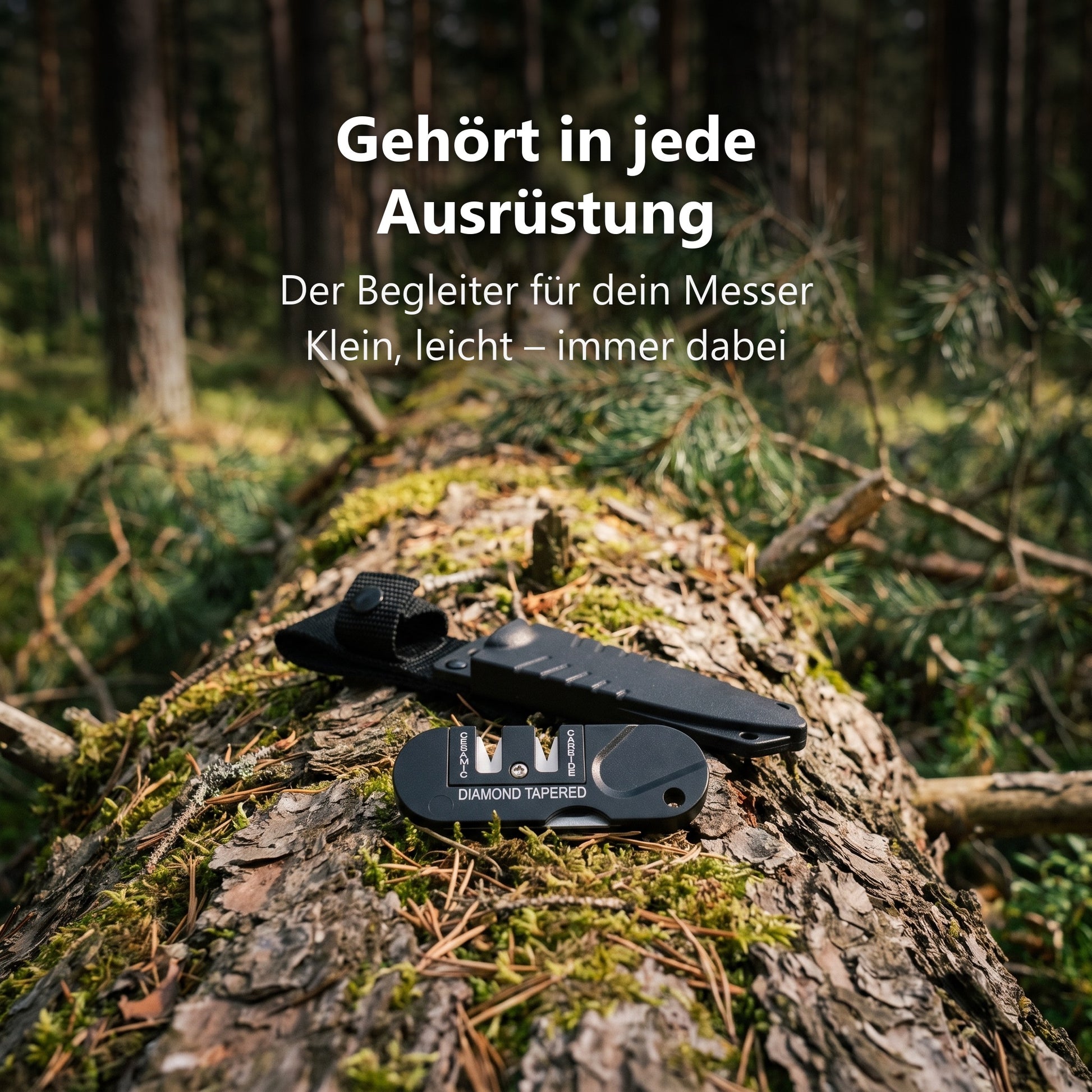 Taschenschärfer und Outdoormesser als Set auf einem Baumstamm