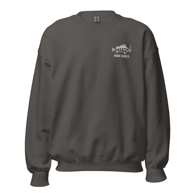 Homewoods Sweat-Pullover – Brust-Stick – Grau, Motiv Fisch am Haken