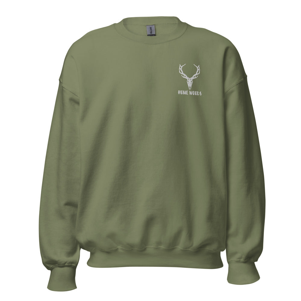 Homewoods Sweat-Pullover – Brust-Stick – Oliv, Motiv Hirsch-Schädel