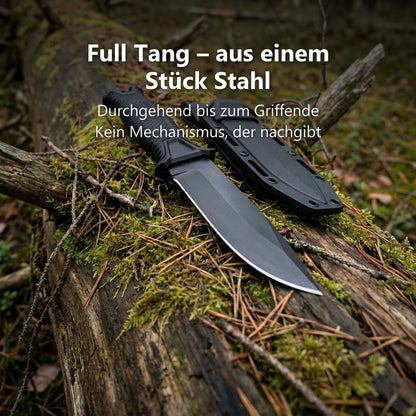 Ironhold Full-Tang-Outdoormesser auf einem Baumstamm im Wald