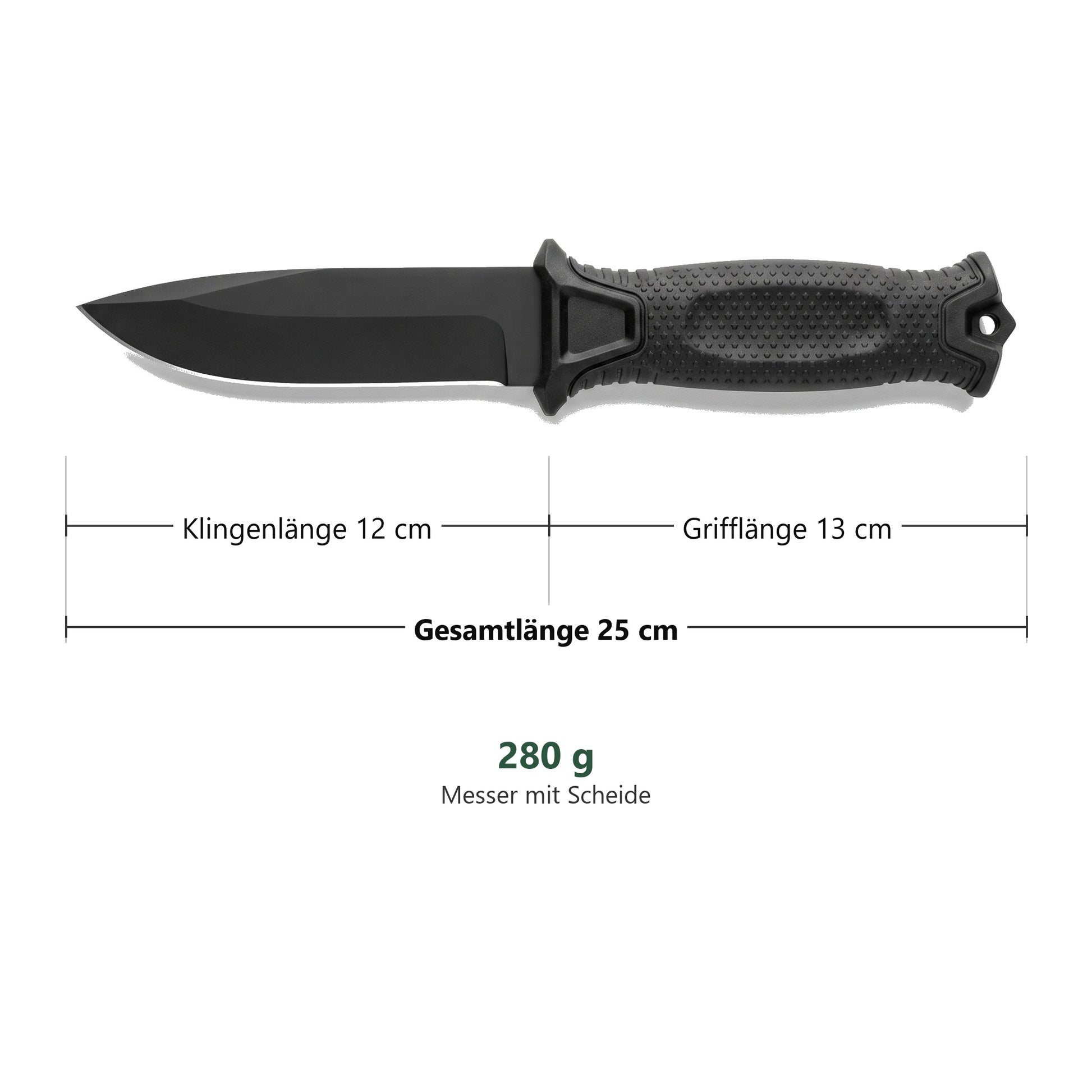 Maße: Klingenlänge 12 cm, Grifflänge 13 cm, Gesamtlänge 25 cm, 280 g
