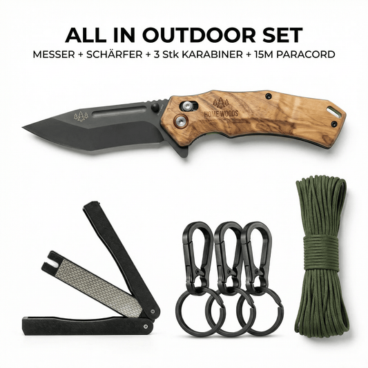 Nightglow ALL IN Outdoor Set – Messer, Messerschärfer, Karabiner & 15m Paracord - Homewoods
