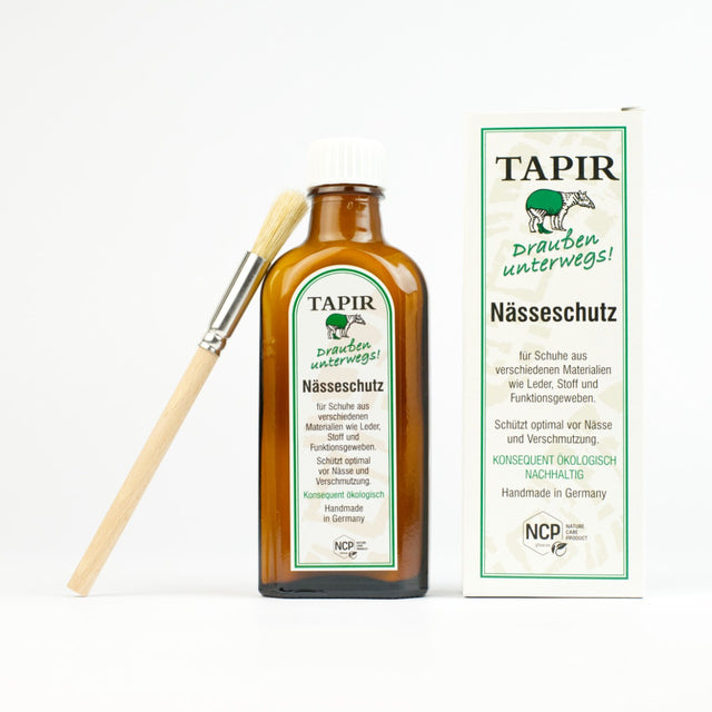 Tapir Nässeschutz für Outdoorschuhe 100 ml mit Auftragspinsel und Verpackung