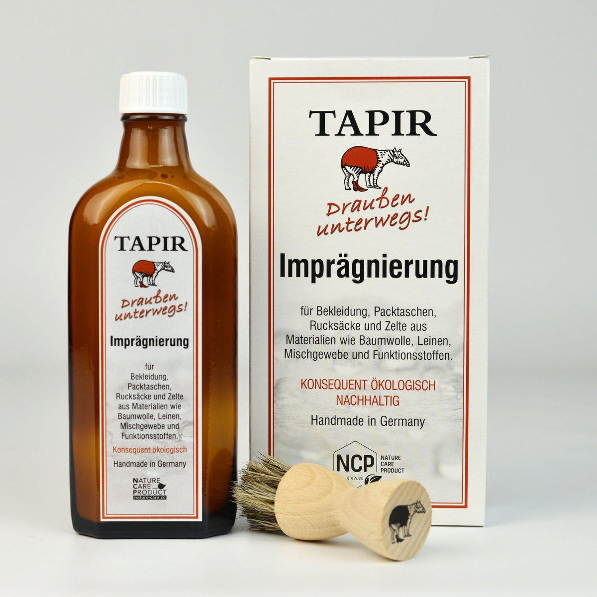 Tapir Outdoor-Imprägnierung 200 ml in Glasflasche mit Auftragsbürste und Verpackung