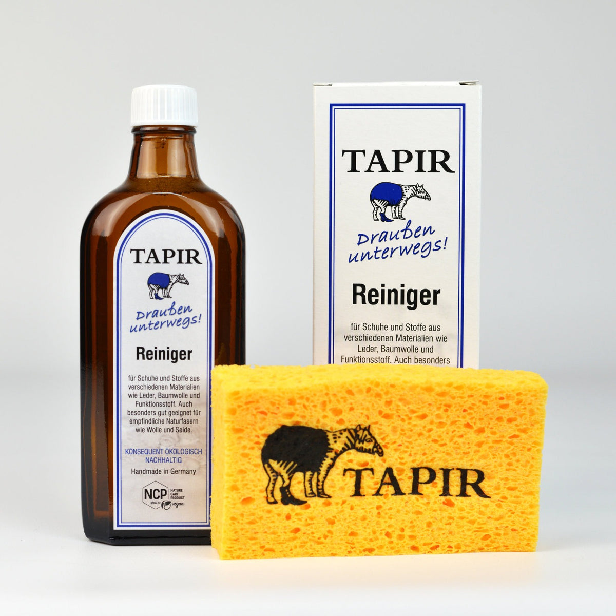 Tapir Outdoor-Reiniger 200 ml mit Verpackung und aufgequollenem Reinigungsschwamm