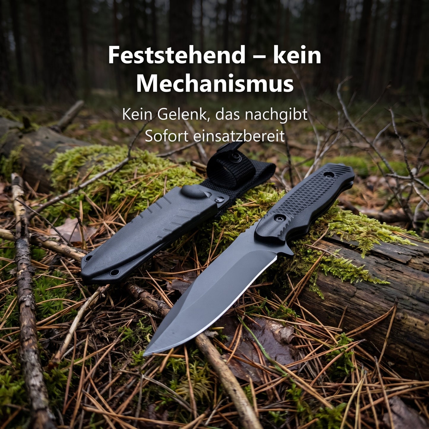 Trailcore Outdoormesser mit Scheide auf einem Baumstamm im Wald