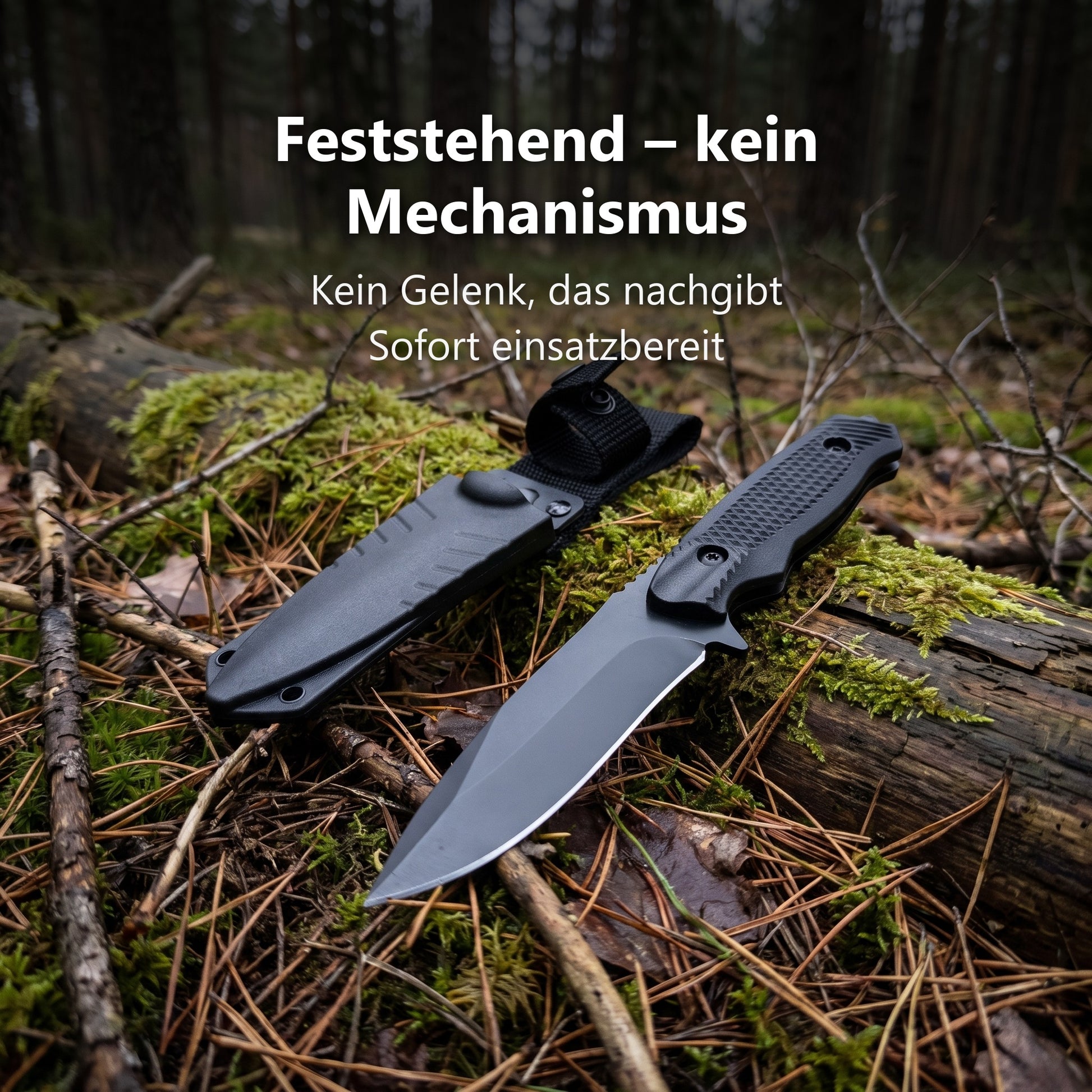 Trailcore Outdoormesser mit Scheide auf einem Baumstamm im Wald