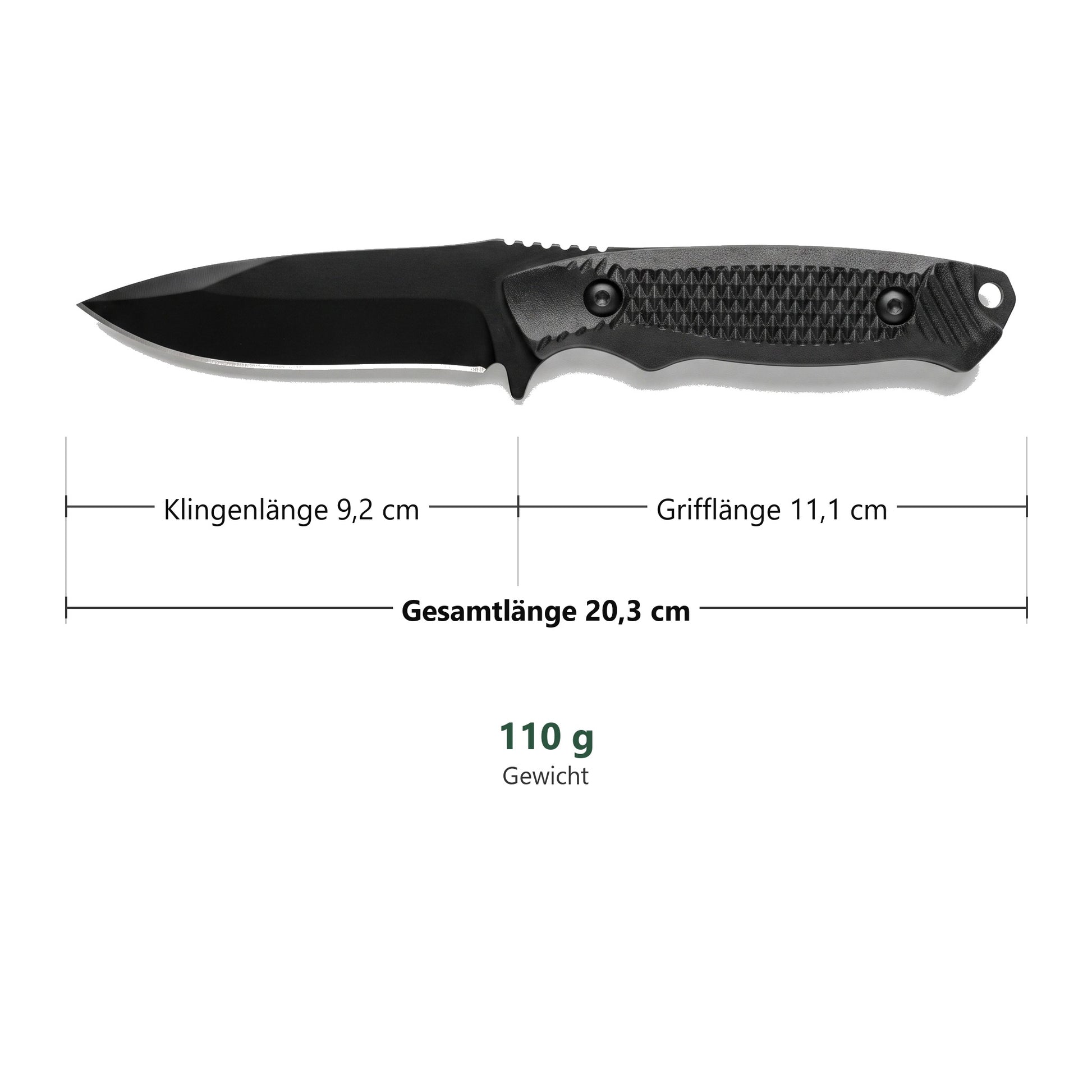 Maße: Klingenlänge 9,2 cm, Grifflänge 11,1 cm, Gesamtlänge 20,3 cm, 110 g