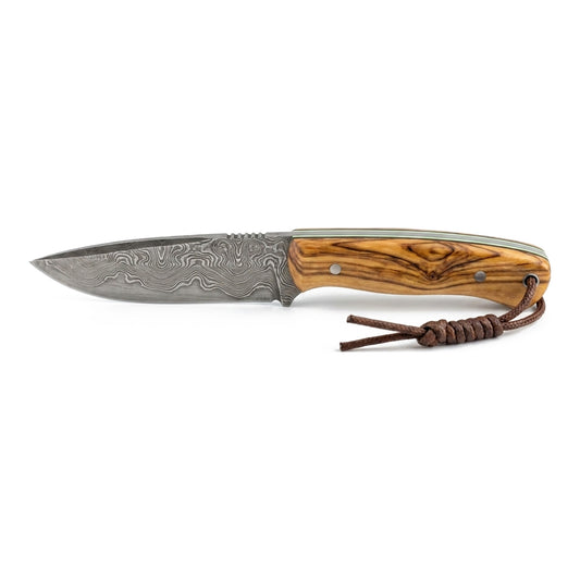 Wildglow Damast Outdoormesser mit Damastklinge und Olivenholzgriff