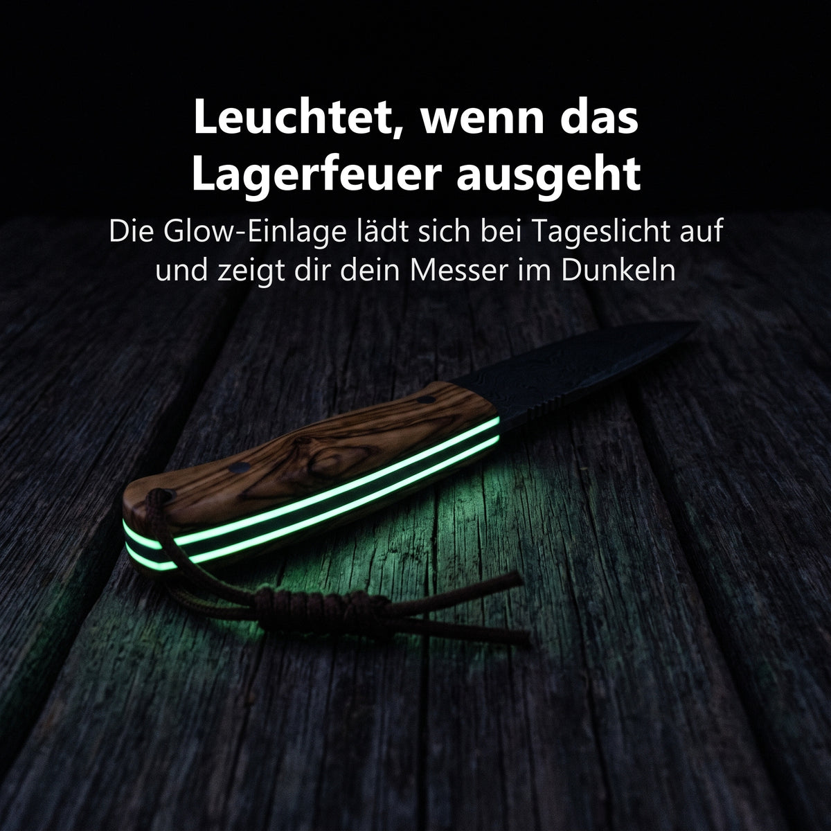 Wildglow Outdoormesser mit nachleuchtender Glow-Einlage am Griff im Dunkeln
