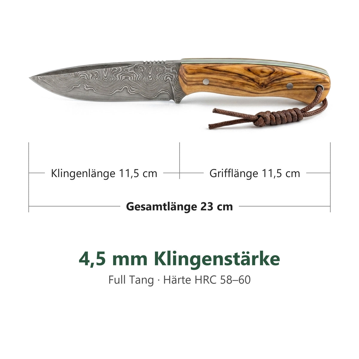 Massbild Wildglow: Gesamtlaenge 23 cm, Klingenlaenge 11,5 cm, 4,5 mm Klingenstaerke