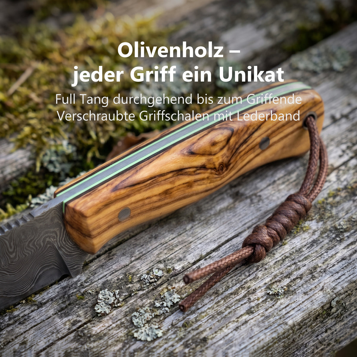 Olivenholzgriff des Wildglow mit Glow-Einlage, verschraubten Griffschalen und Lederband