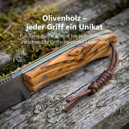 Olivenholzgriff des Wildglow mit Glow-Einlage, verschraubten Griffschalen und Lederband