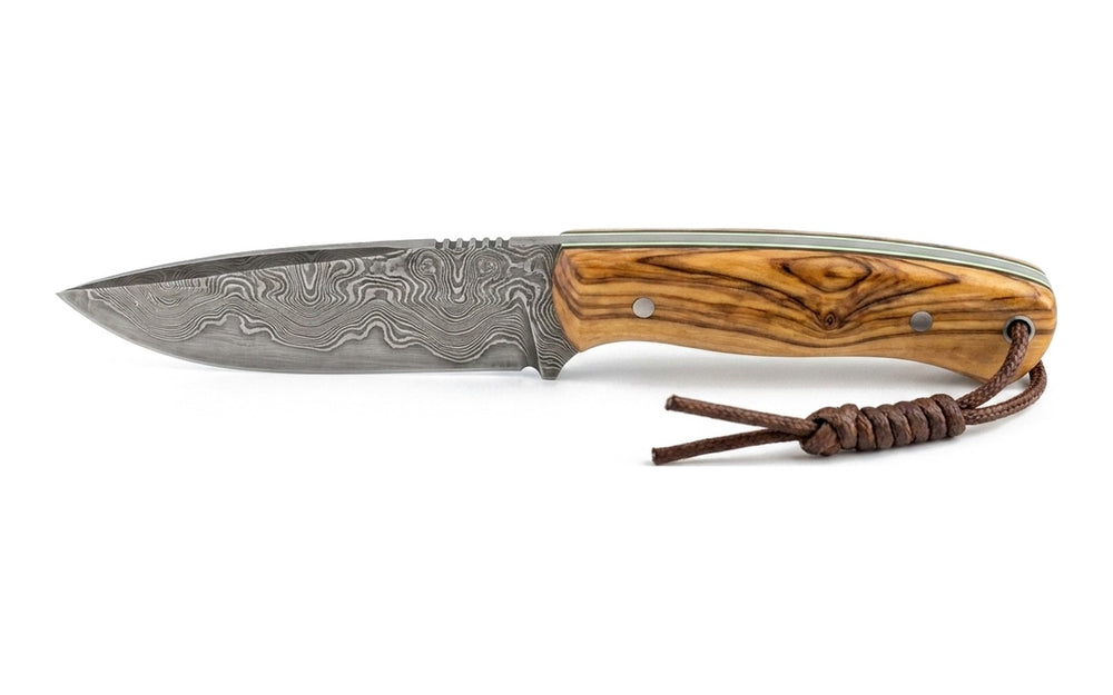 Homewoods Wildglow Outdoormesser mit Damastklinge und Olivenholzgriff